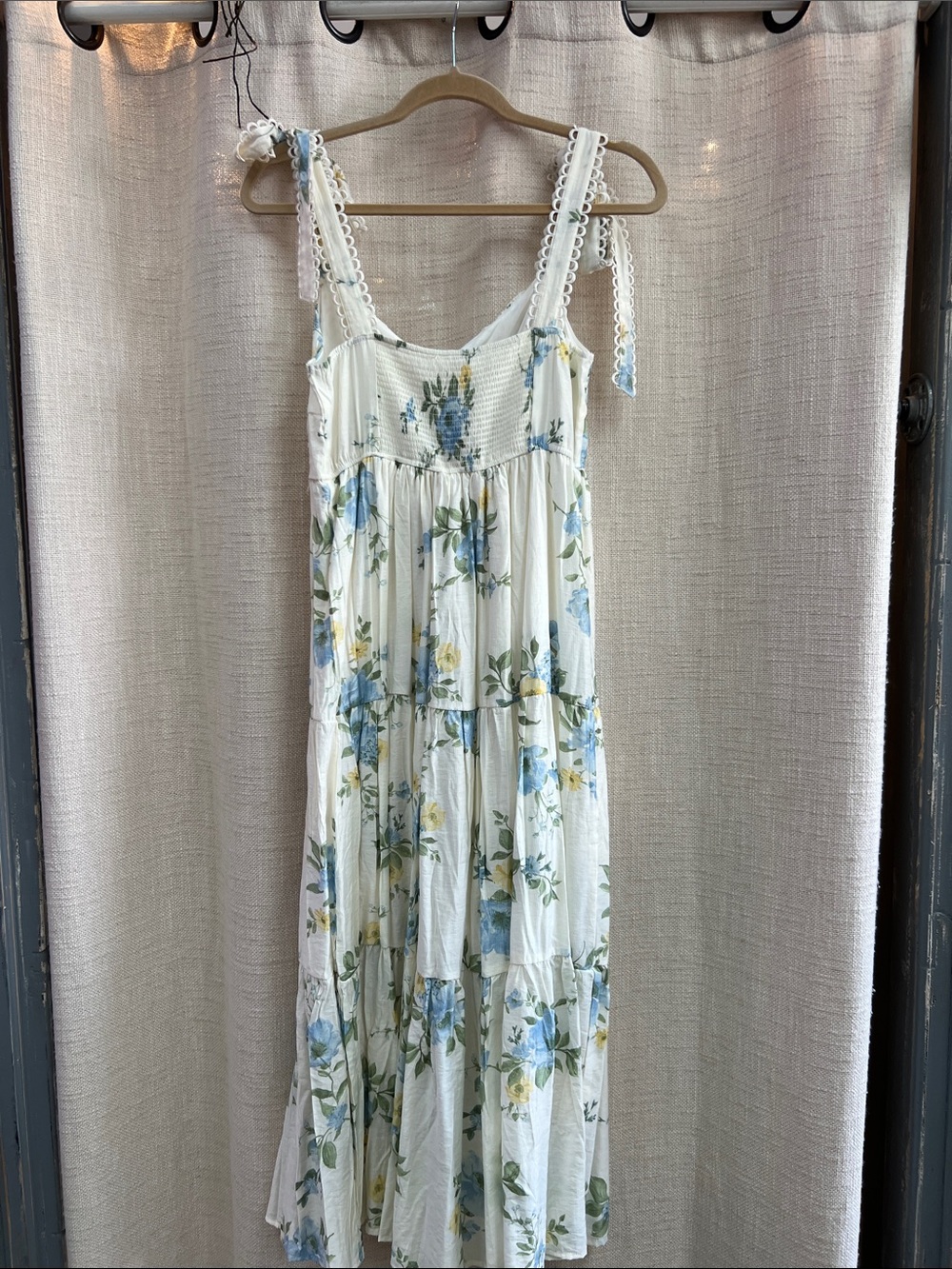 White Blue Yellow Floral Tiered Midi Dress Lace Tie Straps Large - Picture 12 of 14